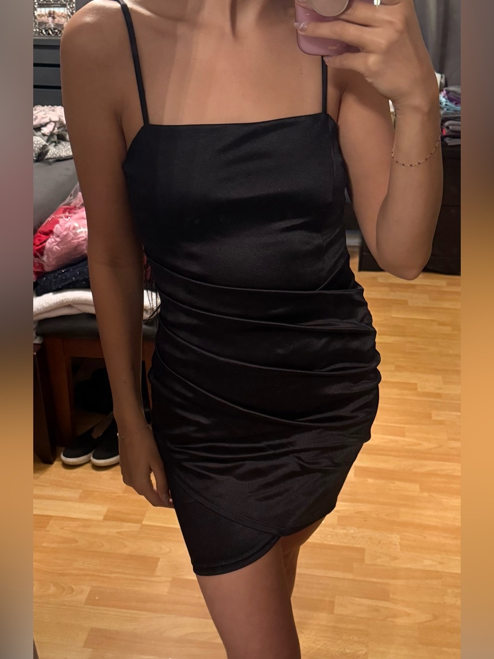 Windsor Black Satin Spaghetti Strap Cocktail Dress